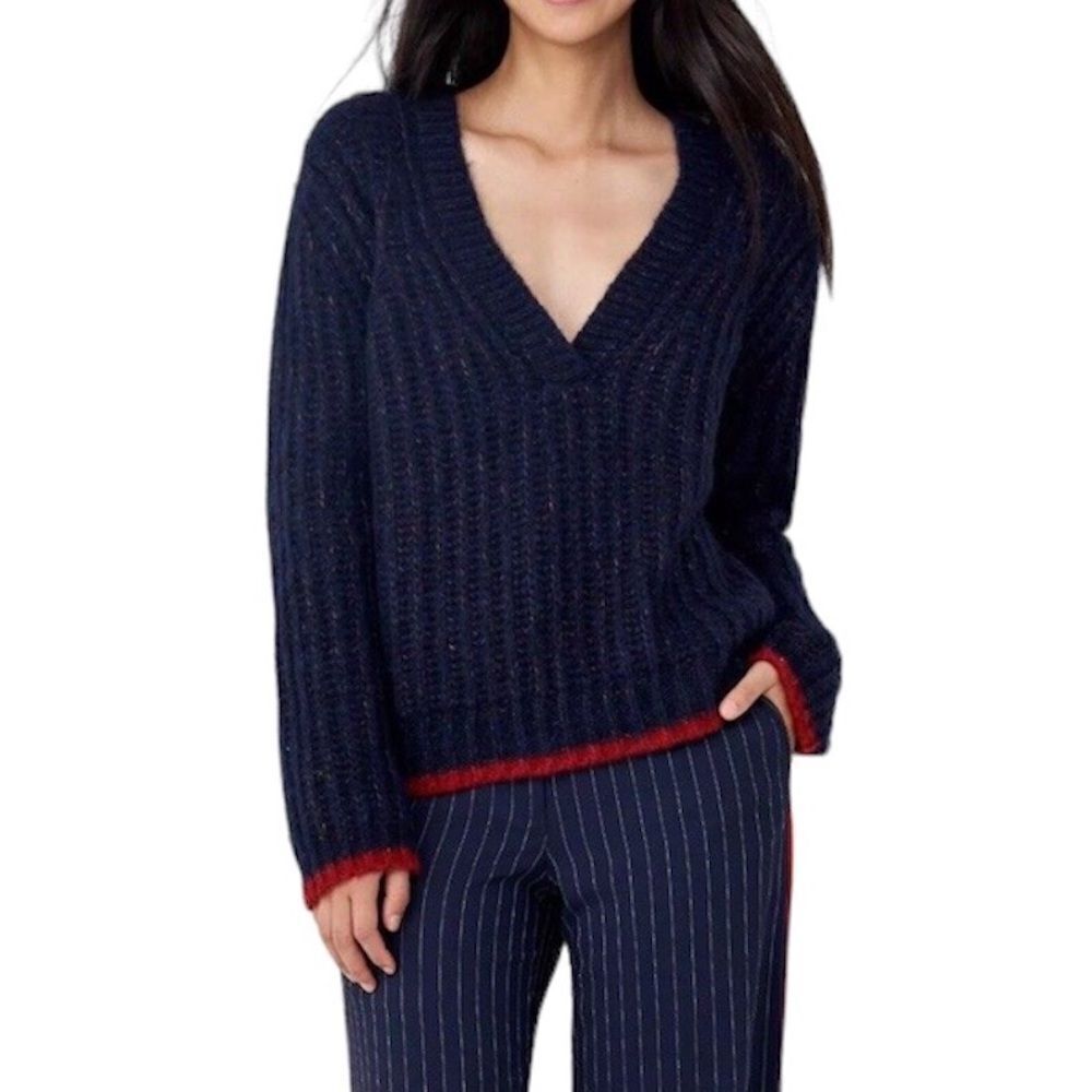 La Ligne Sweater Neutral Pullover Knit Navy Fuzzy Wuzzy V-Neck New Size Small